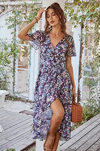 PRETTYGARDEN Women's 2024 Floral Boho Dress Wrap V Neck Short Sleeve Belted Ruffle Hem A-Line Flowy Maxi Dresses (Purple Floral,X-Large) - Image 5