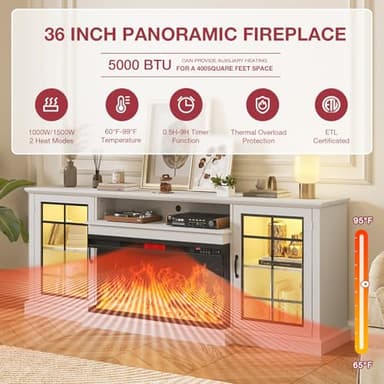 oneinmil Fireplace TV Stand with 3-Sided Glass, TV Cabinet for TVs up to 85", 80'' Modern Media Entertainment Center with Farmhouse Glass Door Storage Cabinets, for Living Room, White - Image 5