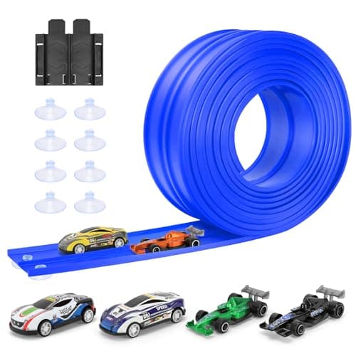 KETIEE Flex Tracks 16Ft for Kids: Flexible Race Car Ramp Track with 4 Small Racecars and 8 Suction Cups Compatible with Hot Wheels and Diecast 1/64th Cars, Rolls Up Portable Racetrack for Ages 3 & Up - Image 1