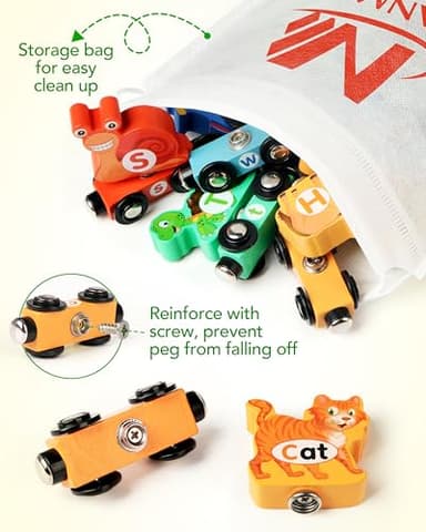 Vanmor Wooden Train Set for Toddlers - Snap-Connection Animal Trains, Magnetic Alphabet Train Learning Toys, STEM Preschool Toys, ABC and Animal Play Set for Kids Ages 3-5 - Image 6