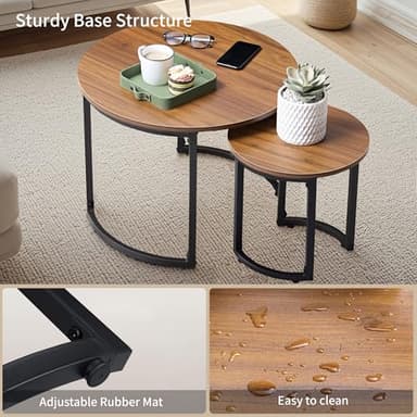VECELO Nesting Coffee Table Set of 2, Wood Round Side Tables with Adjustable Non-Slip Feet, for Living Room, Brown - Image 3