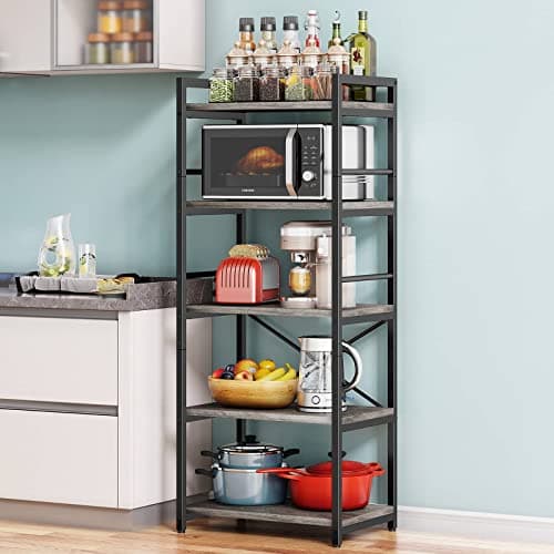 Denkee 5-Tier Bakers Rack for Kitchen with Storage, Industrial Microwave Stand Shelf, Coffee Bar for Small Spaces, Free Standing Kitchen Storage Shelf Rack, 23.62" L x 15.75" W x 60.24" H, Grey - Image 1