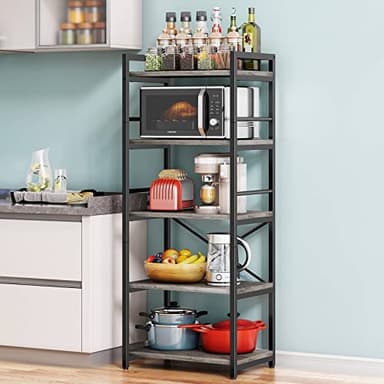 Denkee 5-Tier Bakers Rack for Kitchen with Storage, Industrial Microwave Stand Shelf, Coffee Bar for Small Spaces, Free Standing Kitchen Storage Shelf Rack, 23.62" L x 15.75" W x 60.24" H, Grey - Image 1