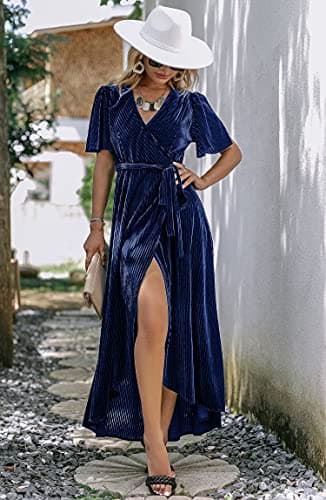 BerryGo Women's Formal Velvet Wrap Dress V Neck Cocktail Short Sleeve Swing Long Maxi Dress Navy L - Image 5