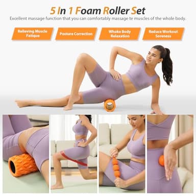 5 in1 Foam Roller Set, Trigger Point Foam Roller, Massage Roller Stick, Massage Ball, Resistance Band for Deep Muscle Massage Pilates Yoga,Fitness Exercise for Whole Body (Pure Orange) - Image 7