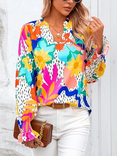 MASCOMODA Womens V Neck Floral Long Sleeve Tops 2025 Summer Casual Loose Puff Sleeve Chiffon Boho Work Blouse Dressy T Shirts(Multicolored Flower,X-Large) - Image 4