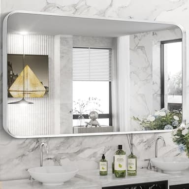 Minuover Brushed Nickel Bathroom Wall Mirror, Silver Metal Framed Large Rounded Corner Rectangle Mirror, Tempered Glass, Shatter Proof, Hangs Horizontally or Vertically (28" x 60", Silver) - Image 1