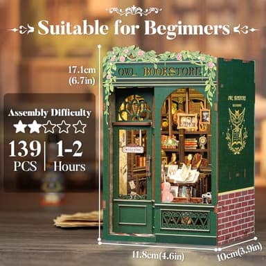 CUTEBEE Book Nook Kit Owl Bookstore - DIY Miniature House 3D Wooden Puzzle for Adult and Teens, Booknook Bookshelf Decor Alley Model Build with LED Light, Gifts for Family and Friends - Image 4
