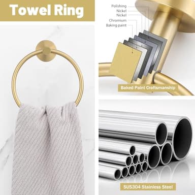 Brushed Gold Bathroom Hardware Accessories Set 4 Pieces Towel Bar Set Modern Round Towel Ring 19.68 in Towel Bar Towel Hook and Toilet Paper Holder Stainless Steel Wall Mounted - Image 5