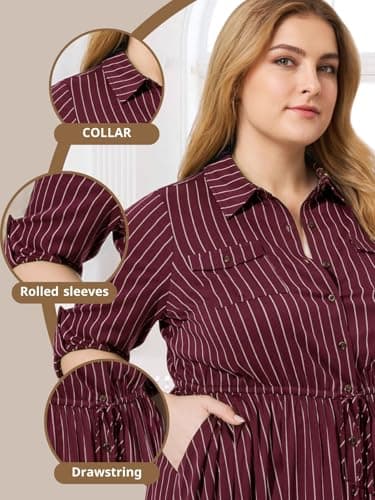 Theenkoln Womens Plus Size Button Dress Collared V Neck 3/4 Sleeve Casual Striped Print Drawstring Midi Fall Dresses with Pocket Burgundy - Image 2