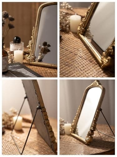 Small Vintage Vanity Makeup Desk Mirror Antique Traditional Chic Arch Table Mirror Gold，Decor Wood Framed Small Standing Carved Arendahl Mirror for Living Room,Bedroom,Tabletop 11.8" x 9.6" - Image 6