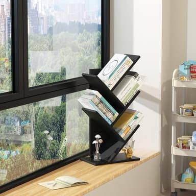 SHEEPAM 5 Tier Tree Book Shelf, Small Desktop Bookshelf with Storage Organizer, Wood Bookcase, Desk Display Bookshelves, Floor Standing Organizer Bookcases for Living Room,Bedroom,Office-Black - Image 6
