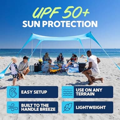 SUN NINJA Beach Tent Sun Shelter UPF50+ - Easy Pop Up Beach Canopy - Outdoor Shade for Camping Trips, Fishing, Backyard Fun Picnics - Sand Shovel, Ground Pegs & Stability Poles - Image 3