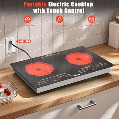 Traenvir 2 Burner Electric Cooktop, 24 Inch Countertop & Built-in Electric Stove 2000W, Portable Double Burner Ceramic Cooktop, Child Safety Lock, Timer, 8 Power Levels, 110V-120V Plug in - Image 3