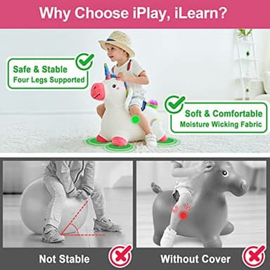 iPlay, iLearn Bouncy Pals Hopping Unicorn Horse, Toddler Girl Inflatable Bouncing Animal Hopper Toy, Outdoor Indoor Plush Ride on Bouncer, Baby Birthday Gift 18 Month 2 3 4 Year Old Kid - Unicorn - Image 3