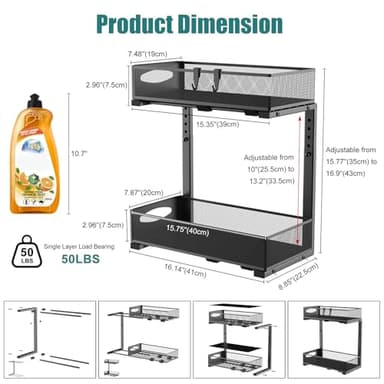 Housolution 2 Pack Under Sink Organizer, 2 Tier Metal Pull Out Under Sink Storage with Sliding Mesh Drawers, Height Adjustable Slide Out Under Sink Organizer for Kitchen Bathroom Cabinet, Black - Image 2