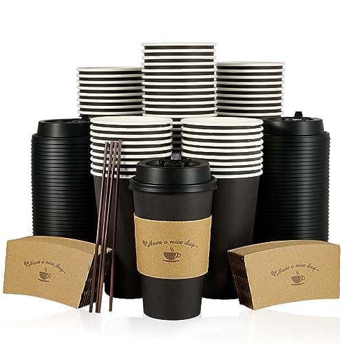 LITOPAK 100 Pack 16 oz Paper Coffee Cups with Lids, Black Disposable Coffee Cups with Lids, Sleeves and Stirring Sticks, for Parties, Picnic, Travel, and Events - Image 1