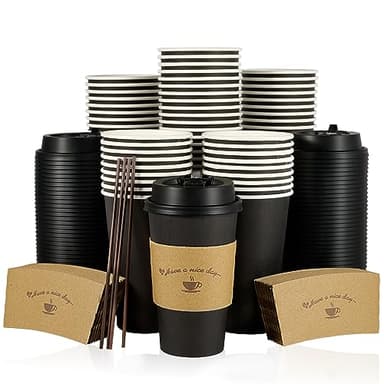 LITOPAK 100 Pack 16 oz Paper Coffee Cups with Lids, Black Disposable Coffee Cups with Lids, Sleeves and Stirring Sticks, for Parties, Picnic, Travel, and Events - Image 1