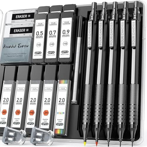 Four Candies Metal Mechanical Pencil Set, 3PCS Art Drafting Pencils 0.5, 0.7, 0.9MM & 2PCS 2MM Mechanical Drawing Pencils with 420PCS Leads (4B 2B HB 2H Color) for Writing Sketching Drawing (Black) - Image 1