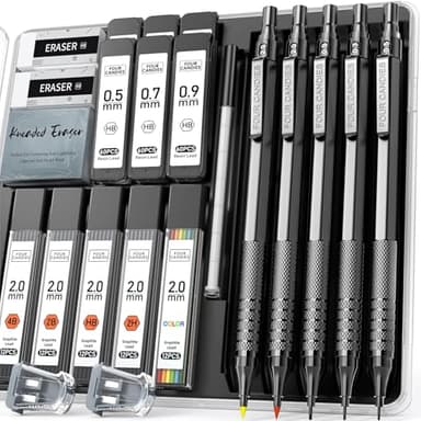 Four Candies Metal Mechanical Pencil Set, 3PCS Art Drafting Pencils 0.5, 0.7, 0.9MM & 2PCS 2MM Mechanical Drawing Pencils with 420PCS Leads (4B 2B HB 2H Color) for Writing Sketching Drawing (Black) - Image 1