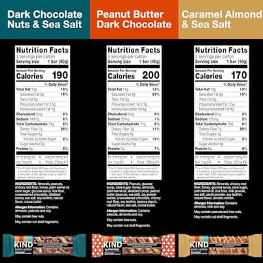 KIND Nut Bars, Favorites Variety Pack, Dark Chocolate Nuts and Sea Salt, Peanut Butter Dark Chocolate, Caramel Almond and Sea Salt, Gluten Free, Up to 7g Protein, 18 Count - Image 2
