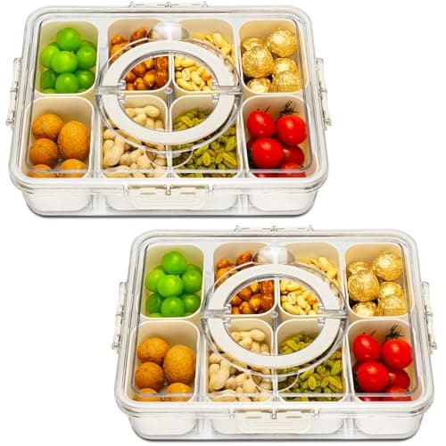 Divided Serving Tray with Lid and Handle,8 Compartments Snacks Box,Snack Fruit Tray,Veggie Tray,Portable Platter for Candy Fruits Nuts Snack Party Entertaining Picnic(2 PCS) - Image 1