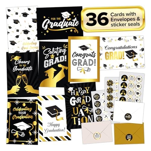 Decorably 36 Pack Gold Foiled 5x7in Bulk Graduation Cards Bulk with Envelopes and Stickers, 9 Elegant Designs Graduation Cards Pack with Printed Message Inside - Image 1