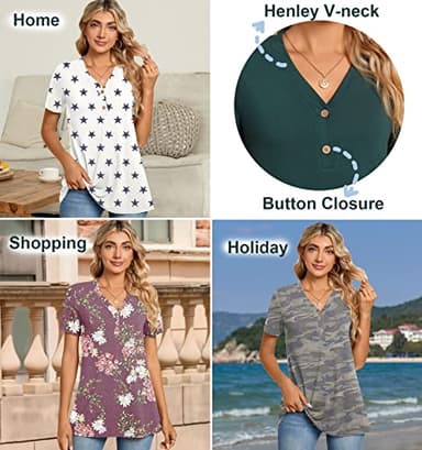BISHUIGE Womens Henley Tunic Tops Button Up Tshirts Short Sleeve Vneck Casual Blouses, XXL, Black - Image 5