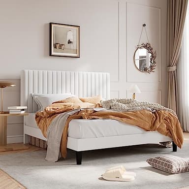 SHA CERLIN Queen Upholstered Platform Bed Frame with Vertical Channel Tufted Velvet Fabric Adjustable Headboard, Wooden Slats Support, Mattress Foundation, Box Spring Optional, White - Image 3