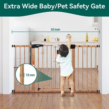 Mom's Choice Award Winner-BABELIO 29-55'' Extra Wide Baby Gate with Wood Pattern, Metal Pressure Mounted Dog Gate, for Stairs & Doorways, No Tools Required - Image 2