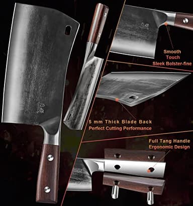 ENOKING Cleaver Knife, 7.5 Inch Hand Forged Meat Cleaver Heavy Duty Bone Chopper German High Carbon Stainless Steel Butcher Knife with Full Tang Handle for Home Kitchen and Restaurant, Ultra Sharp - Image 5