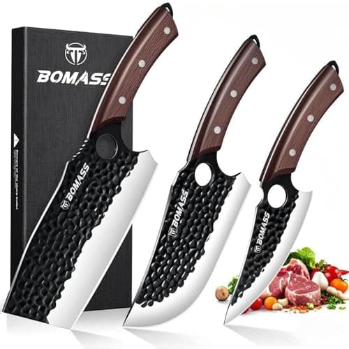 Butcher Knife Meat Cleaver Knife, Hand Forged Japanese Knife Set of 3, High Carbon Kitchen Knife & Serbian Chef Knife & Boning Knife for Meat Cutting, Outdoor Cooking BBQ Camping Gift for Men - Image 1