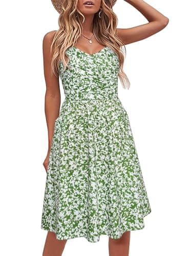 YATHON Casual Dresses for Women Spaghetti Strap Sundress with Pockets(YT090-Green Floral 04,XL) - Image 1