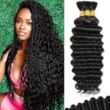 Afihond Human Braiding Hair For Boho Braids Deep Water Wave Bulk Human Hair for Braiding 12A Wet and Wavy Curly 100% Human Hair Extensions 3 Bundles 110g Natural Color 22inch - Image 1