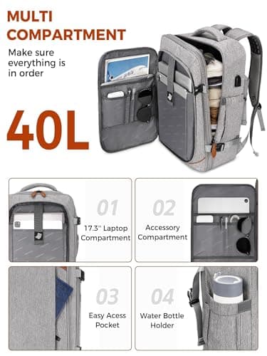 Vancropak Carry on Backpack, Flight Approved Travel Backpack with 3 Packing Cubes, Expandable Large 40L Travel Bag fits 17.3" Laptop, Anti Theft Luggage Suitcase Weekend Daypack for Women Men, Grey - Image 2