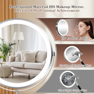 VESAUR 15X Magnifying Mirror with Light, 9.5 Large 5000mAh Rechargeable Double Sided HD Lighted Makeup Mirror with 3 Touch Dimmable Light, 360° Swivel Detachable for Travel Vanity Mirror Nickel, Gifts - Image 5