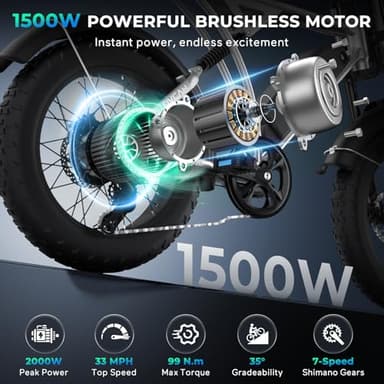 Movcan V60 Pro Electric Bike, 48V 18.2Ah Removable Battery 20” Fat Tire Electric Bike, 1500W Motor 33MPH Top Speed Electric Motorcycle, 7 Speed Dual Hydraulic Brake E Bikes for Adults Electric, Silver - Image 2