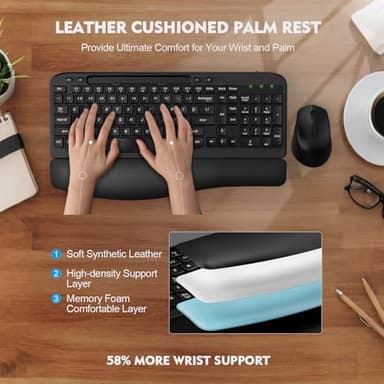 Wireless Keyboard and Mouse Combo, Wave Keys Full-Sized Ergonomic Keyboard with Cushioned Plam Rest, Phone Holder, Comfortable Natural Typing, 2.4G Cordless Set for Computer, Laptop, PC, Mac, Windows - Image 2