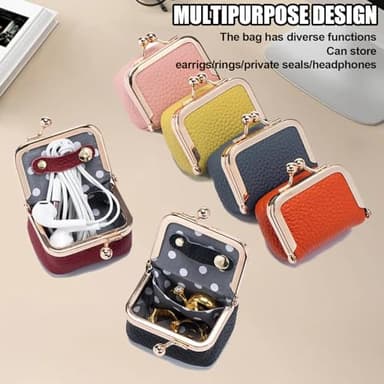 noxozoqm Genuine Leather Mini Jewelry Box,Mini Jewelry Organizer for Women,Portable Vintage-inspired Genuine Leather Coin Purse Jewelry Case with Kiss Lock,Mini Travel Jewelry Case Organizer (Pink) - Image 3