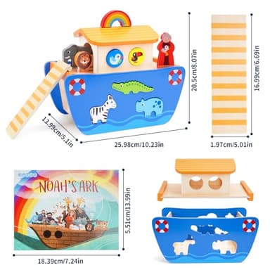 KMTJT Toddlers Wooden Noah's Ark Toy Animal Playset, Baptism Gifts for 1 2 3 Boys Girls, Shape Sorter Early Learning Montessori Toys with Bible Story Book for 12 18 24 Months Babies - Image 4
