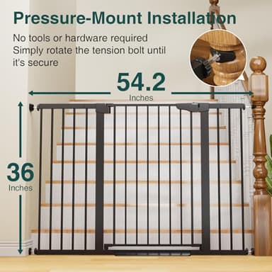 Cumbor 36" Extra Tall Baby Gate for Stairs, 29.7-54.2" Extra Wide Dog Gate for Doorways Hallways, Pressure Mounted Child Gate for Wide Opening, Auto Close Personal Safety for Babies and Pets, Black - Image 2