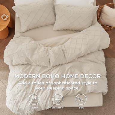 Bedsure Boho Duvet Cover King Size with Fitted Sheet - Boho Bedding Comforter Set, 4 Pieces, Includes 1 Duvet Cover 104"x90" with Zipper Closure, 2 Pillow Shams, 1 Fitted Sheet, Beige - Image 3