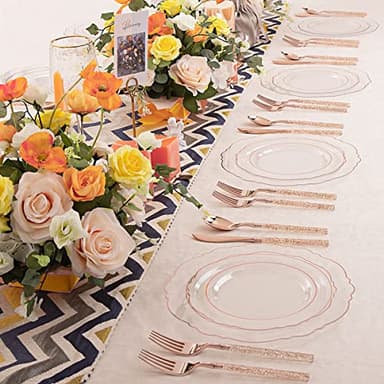 Liacere 150PCS Rose Gold Plastic Plates - Clear Rose Gold Disposable Plates with Glitter Bamboo Handle Cutlery - 60 Baroque Elegant Plates, 30 Forks, 30 Spoons, 30 Knives for Thanksging day&Chrismas - Image 7