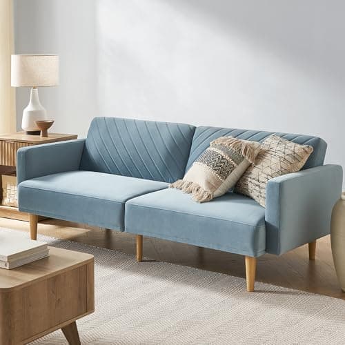 mopio 76.8" Futon Sofa Bed, Small Couch, Sleeper, Loveseat, Mid Century Modern Futon Couch, Sofa Cama, Couches for Living Room (Sky Blue Premium Velvet) - Image 1