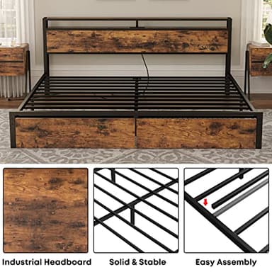 LIKIMIO King Bed Frame with Storage Headboard, Platform Bed with Drawers and Charging Station, No Box Spring Needed, Easy Assembly, Vintage Brown - Image 5