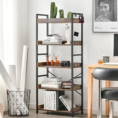 HCHQHS Adjustable 5 Tier Open Bookcase, Rustic Farmhouse Book Shelves, Industrial Wood and Black Metal Bookshelves, Mid Century Bookcase for Home Office Living Room Bedroom - Image 6