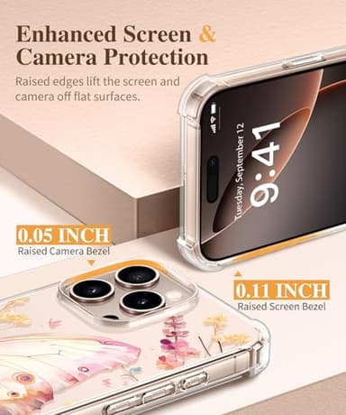 GVIEWIN for iPhone 16 Pro Max Case, with Screen Protector & Camera Lens Protector, Military-Grade Protection, Clear Shockproof Slim Floral Women Phone Case for iPhone 16 Pro Max, Magic Butterfly - Image 7