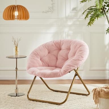 DUMOS Comfy Saucer Chairs Cozy Faux Fur Soft Lounge Cute Folding Bedroom Living Room Seat Flexible Reading Foldable Seating for Kids Adults Thick Padded Metal Frame Modern for Home Office Pink - Image 9