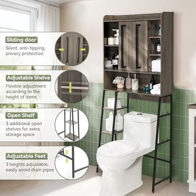 Decofy Over The Toilet Storage Cabinet, 31.5" L x 7.7" W x 66.9" H, Bathroom Organizer with Adjustable Shelves and Sliding Door, Farmhouse Above Toilet Storage for Small Bathrooms, Sturdy Metal Frame - Image 5