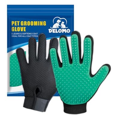 DELOMO Pet Hair Remover Gloves, 255 Tips, Deshedding Glove for Dog and Cat, Gentle De-Shedding Glove Brush, Green, 2 Count - Image 1